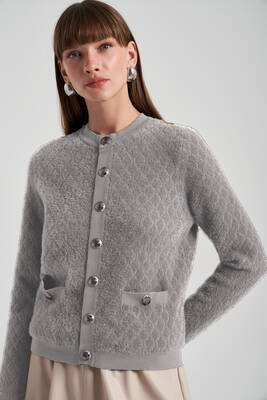 Lale Boutique - Nuss Knit Button Detail Short Cardigan 7001 Gray
