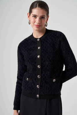 Lale Boutique - Nuss Knit Button Detail Short Cardigan 7002 Black-Navy Blue