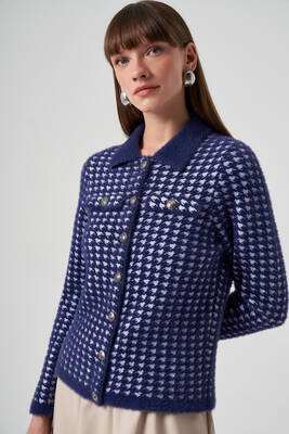 Lale Boutique - Nuss Knit Button Detail Short Cardigan 7007 Navy