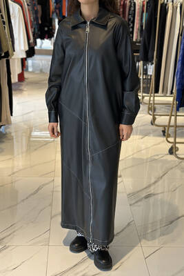 Nuss - Nuss Long Zippered Leather Coat Jacket 6015 Black