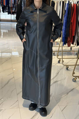 Nuss - Nuss Long Zippered Leather Coat Jacket 6015 Black (1)