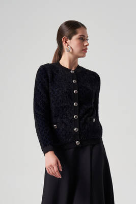 Lale Butik - Nuss Triko Düğme Detay Kısa Hırka 7002 Siyah-Lacivert (1)