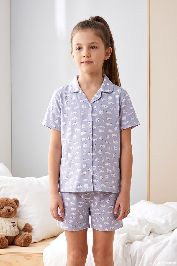  - Önü Düğmeli Şortlu Kız Çocuk Süprem Pamuklu Pijama Takımı 260273 Lila (1)
