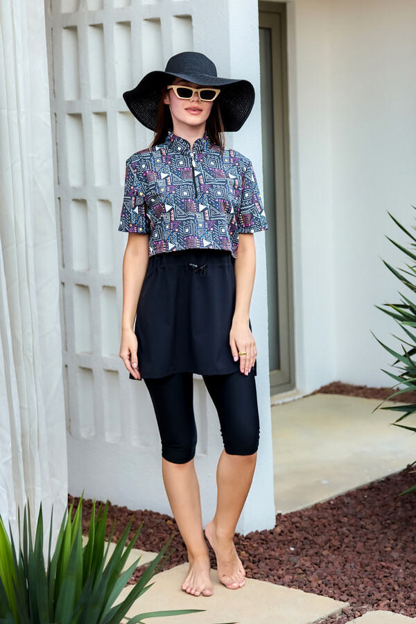 Önü Kapaklı Kısa Kollu Yarı Kapalı Tesettür Mayo Siyah01 R5301 - Thumbnail