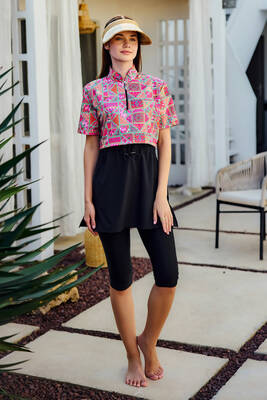 Remsa - Önü Kapaklı Kısa Kollu Yarı Kapalı Tesettür Mayo Siyah02 R5302 (1)