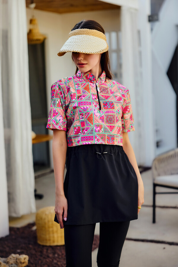 Önü Kapaklı Kısa Kollu Yarı Kapalı Tesettür Mayo Siyah02 R5302 - Thumbnail