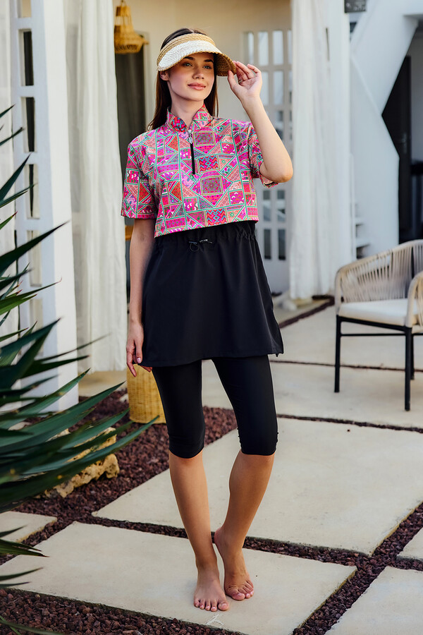 Önü Kapaklı Kısa Kollu Yarı Kapalı Tesettür Mayo Siyah02 R5302 - Thumbnail