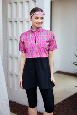 Remsa Mayo - Önü Kapaklı Kısa Kollu Yarı Kapalı Tesettür Mayo Siyah03 R5303