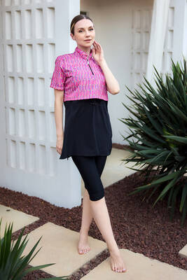 Remsa Mayo - Önü Kapaklı Kısa Kollu Yarı Kapalı Tesettür Mayo Siyah03 R5303 (1)