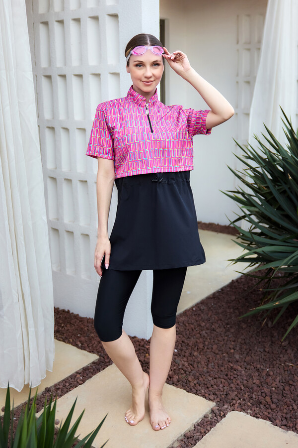 Önü Kapaklı Kısa Kollu Yarı Kapalı Tesettür Mayo Siyah03 R5303 - Thumbnail