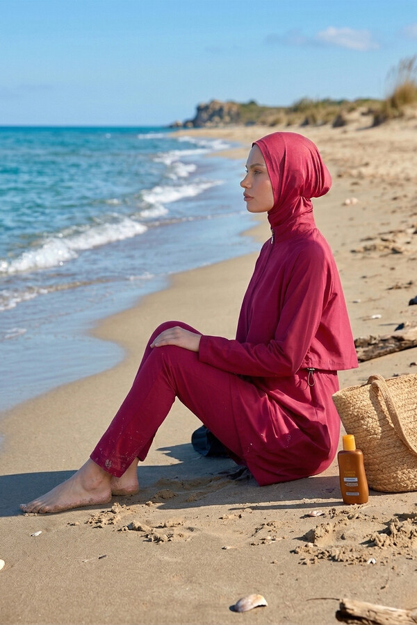 Haliç Mayo - Önü Kapaklı Tam Kapalı Tesettür Mayo 6201 Mürdüm