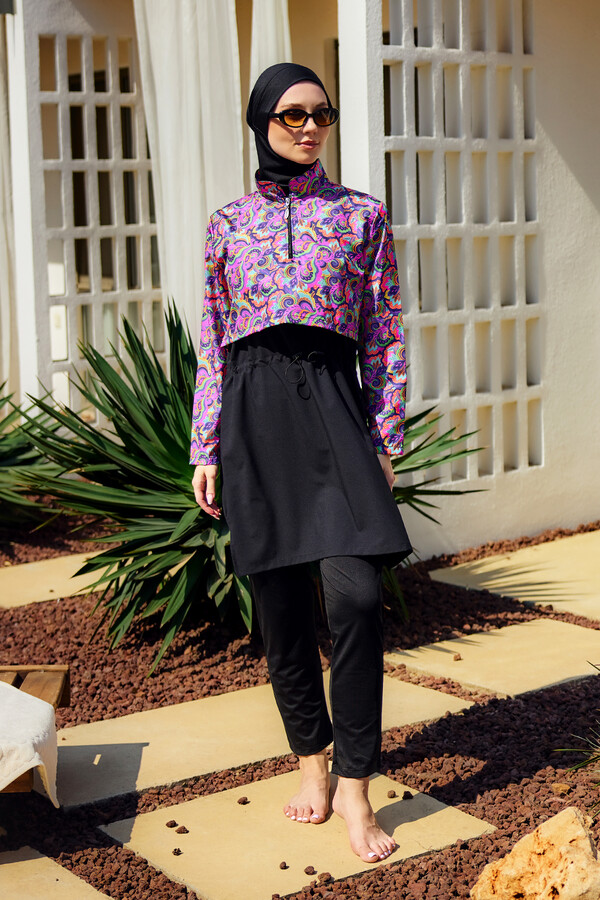 Önü Kapaklı Tam Kapalı Tesettür Mayo Siyah R5200 - Thumbnail