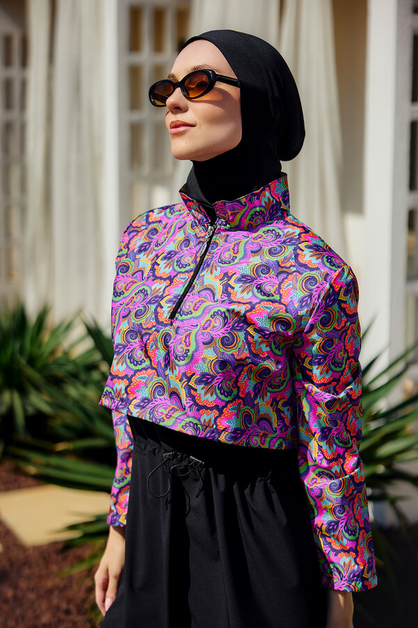 Önü Kapaklı Tam Kapalı Tesettür Mayo Siyah R5200 - Thumbnail