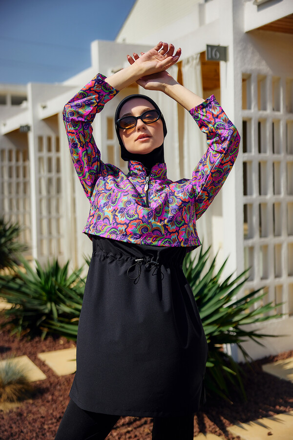 Önü Kapaklı Tam Kapalı Tesettür Mayo Siyah R5200 - Thumbnail