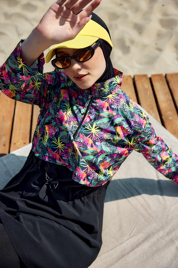 Önü Kapaklı Tam Kapalı Tesettür Mayo Siyah01 R5201 - Thumbnail