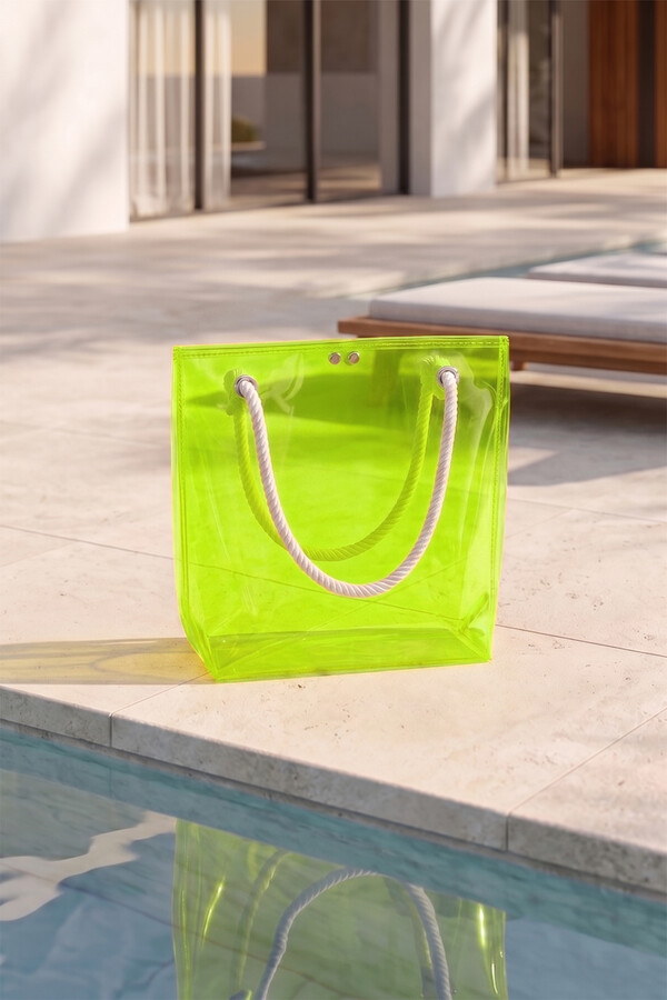 Örgü İp Askı Hasır Plaj Çantası 02 Neon Sarı - Thumbnail