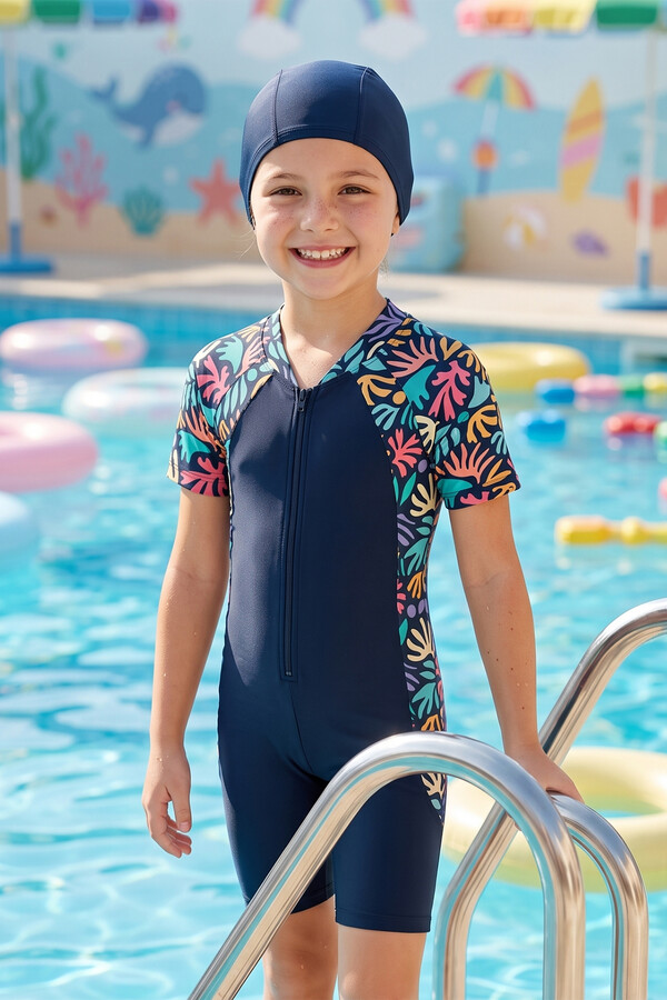 Overalls Short Sleeve Children's Swimming Swimsuit with Shorts Mateo 8347 Dark Navy Blue - Thumbnail