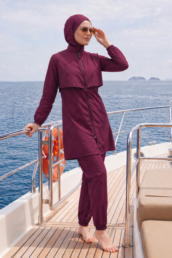 Parachute Full-Cover Modest Swimsuit Set 20251 Burgundy - Thumbnail