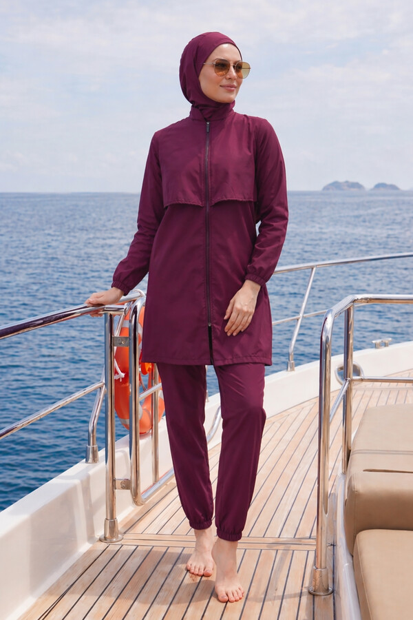 Parachute Full-Cover Modest Swimsuit Set 20251 Burgundy - Thumbnail