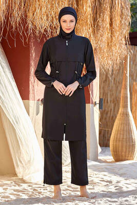 Adasea - Parachute Full Coverage Hijab Swimsuit Ebony 1413 Black