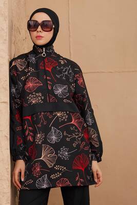 Remsa - Parachute Full Covered Hijab Swimsuit Half Patterned 2924-159 Black (1)