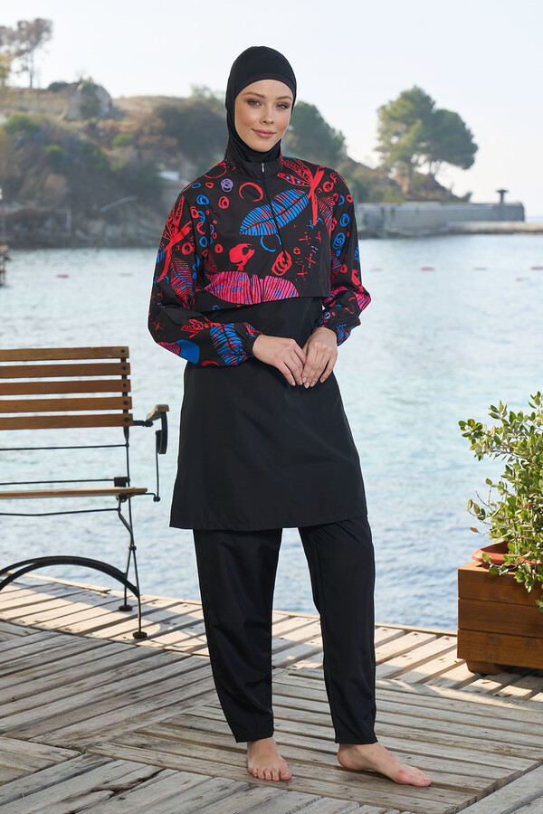 Black with White Front Zip Parachute Full Burkini Swimwear with Hijab