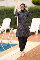 Remsa Mayo - Remsa Swimwear Parachute Full Covered Hijab Swimsuit Point Pattern Yasemin Black