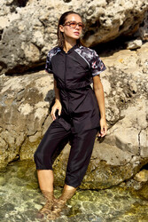 Remsa Mayo - Parachute Semi-Covered Tesettür Swimsuit Hera Fish 2408 Black