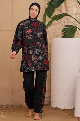 Remsa - Paraşüt Tam Kapalı Tesettür Mayo Yarım Desenli 2924-159 Siyah