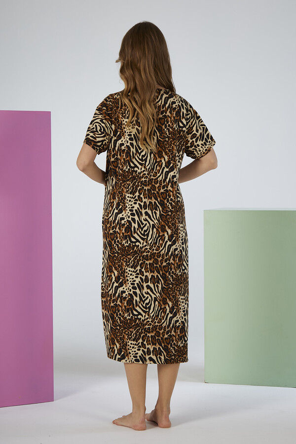 Patterned Brown Viscose Pajama Dress - Thumbnail