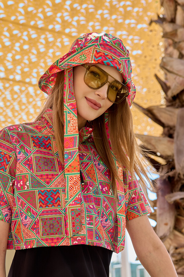 Patterned Bucket Hat with Shawl Accessory - Thumbnail