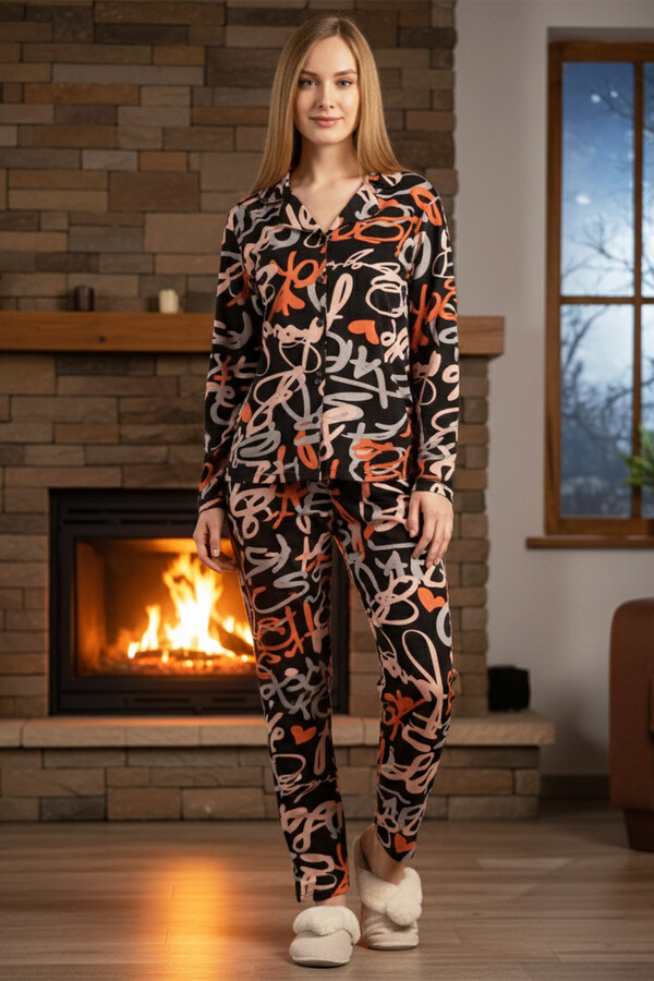 Patterned Button-Up Pajama Set 0543 Black11 - Thumbnail