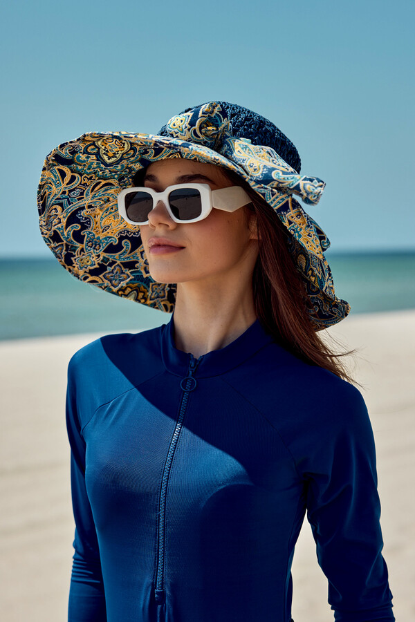 Patterned Fabric and Woven Hat Sun Protection Beach Hat RS - Thumbnail