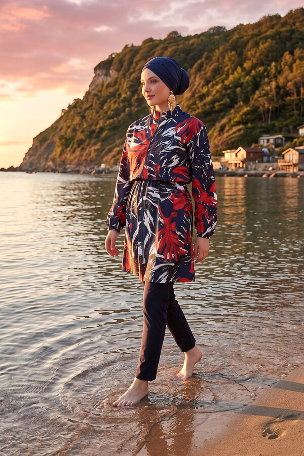 Patterned Full-Cover Modest Swimsuit 01 Black14 - Thumbnail