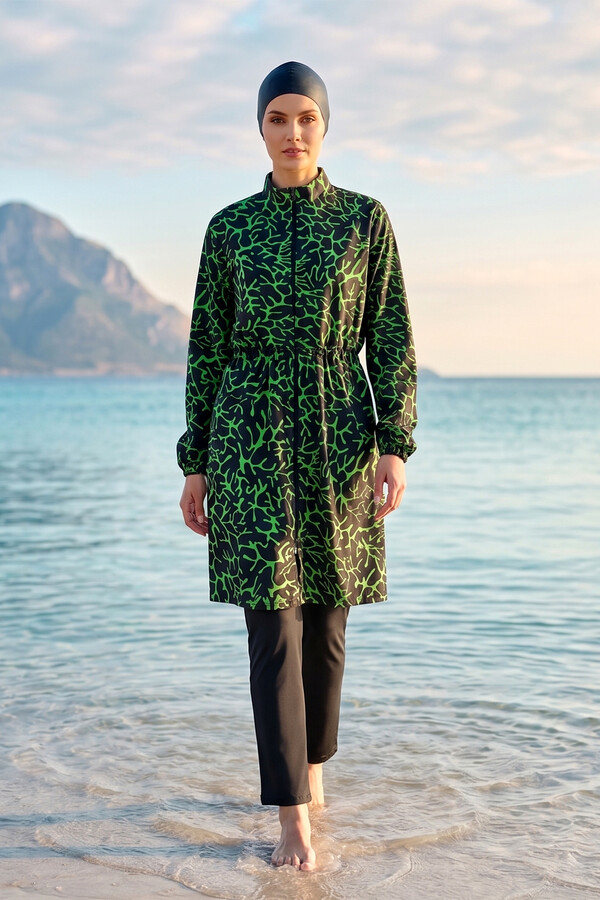 Patterned Full-Cover Modest Swimsuit 03 Black13 - Thumbnail