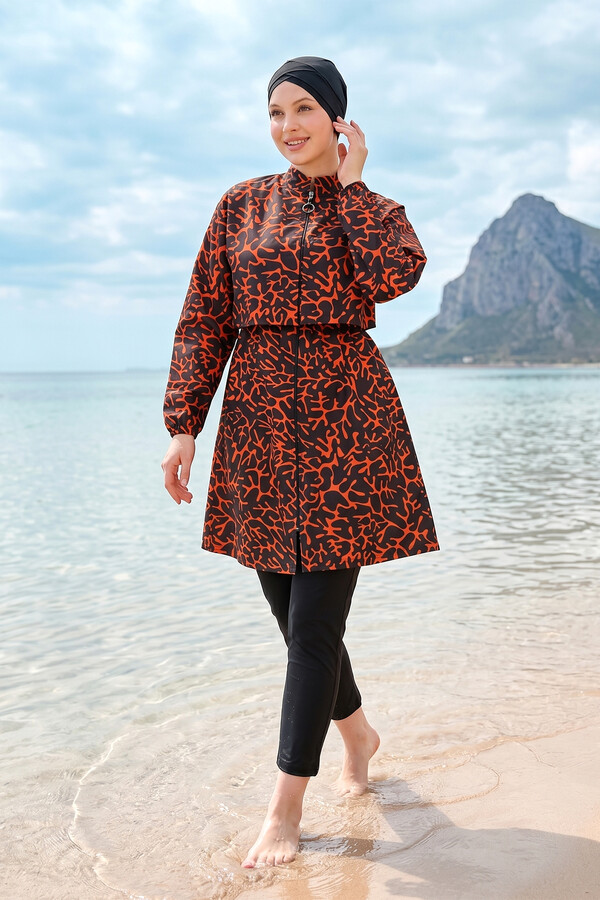 Patterned Full-Cover Modest Swimsuit 04 Black12 - Thumbnail