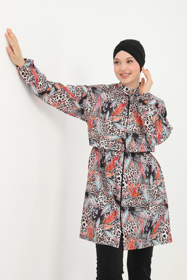 Patterned Full-Cover Modest Swimsuit 06 Black09 - Thumbnail