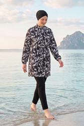 Haliç Mayo - Patterned Full-Cover Modest Swimsuit 08 Black10