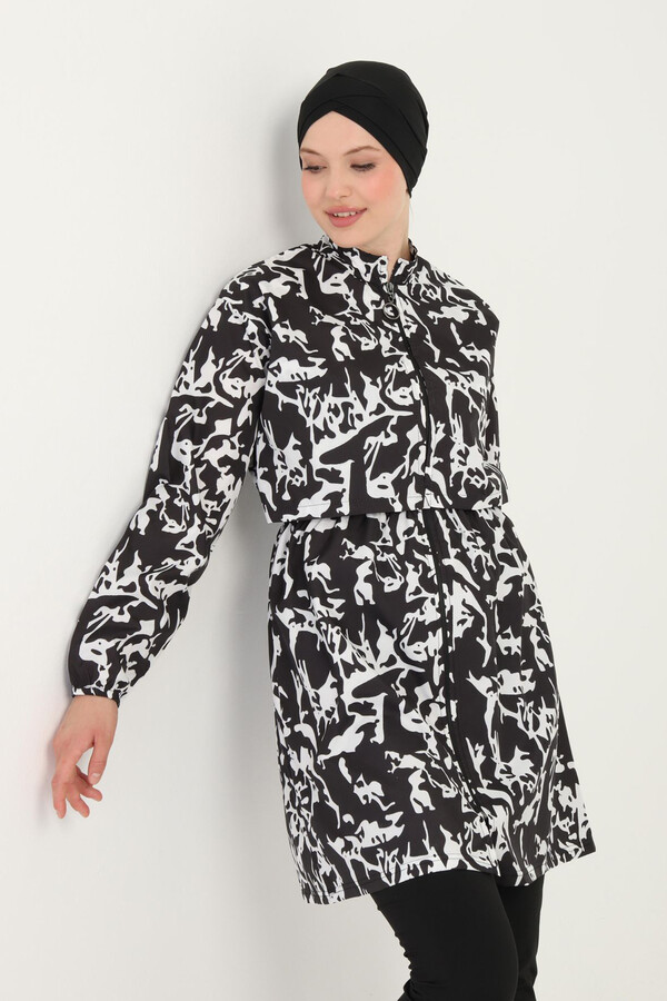 Patterned Full-Cover Modest Swimsuit 08 Black10 - Thumbnail