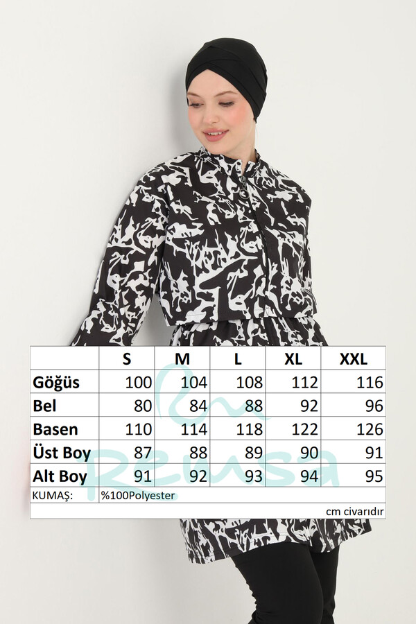 Patterned Full-Cover Modest Swimsuit 08 Black10 - Thumbnail