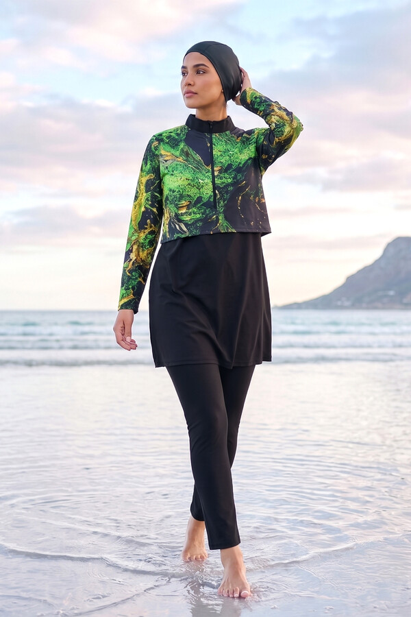 Patterned Full-Cover Modest Swimsuit 10 Black08 - Thumbnail