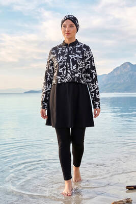 Haliç Mayo - Patterned Full-Cover Modest Swimsuit 13 Black06