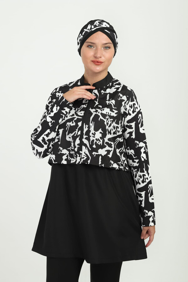 Patterned Full-Cover Modest Swimsuit 13 Black06 - Thumbnail