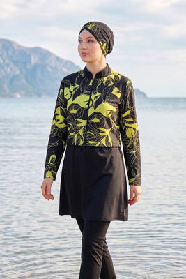 Haliç Mayo - Patterned Full-Cover Modest Swimsuit 22 Black
