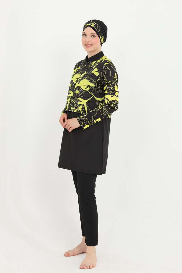 Patterned Full-Cover Modest Swimsuit 22 Black - Thumbnail