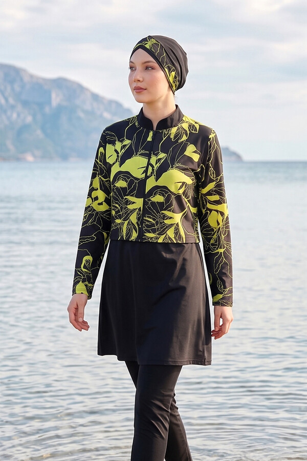 Patterned Full-Cover Modest Swimsuit 22 Black - Thumbnail