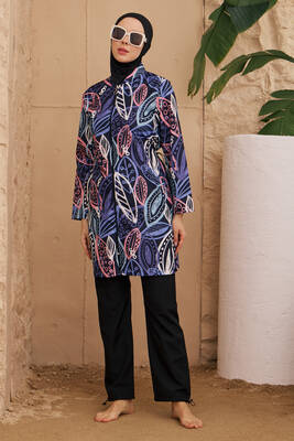 Remsa - Patterned Full Cover Modest Swimsuit Set in Black | HMM-2224-667 (1)