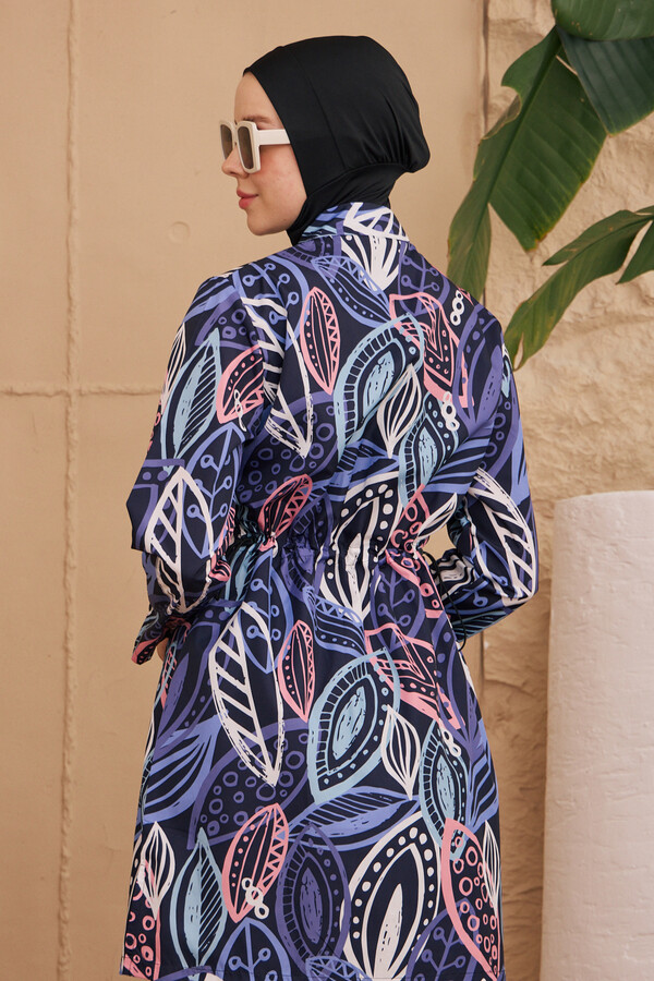 Patterned Full Cover Modest Swimsuit Set in Black | HMM-2224-667 - Thumbnail