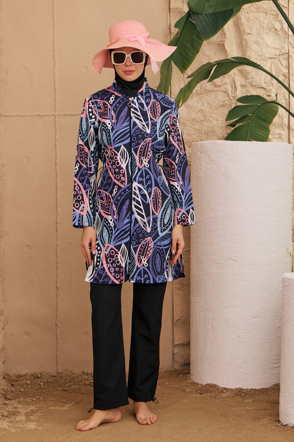 Patterned Full Cover Modest Swimsuit Set in Black | HMM-2224-667 - Thumbnail