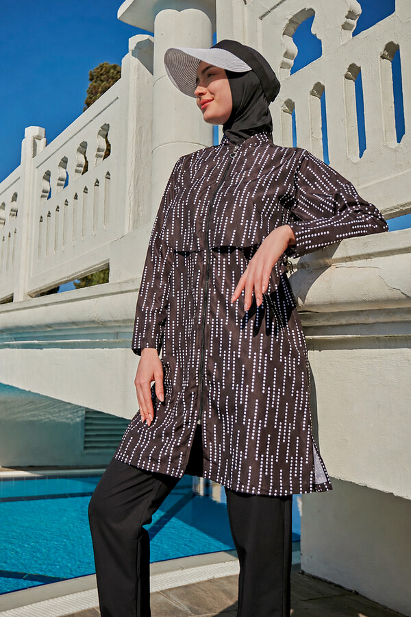 Patterned Full-Cover Swimsuit with Tunic Style - Thumbnail